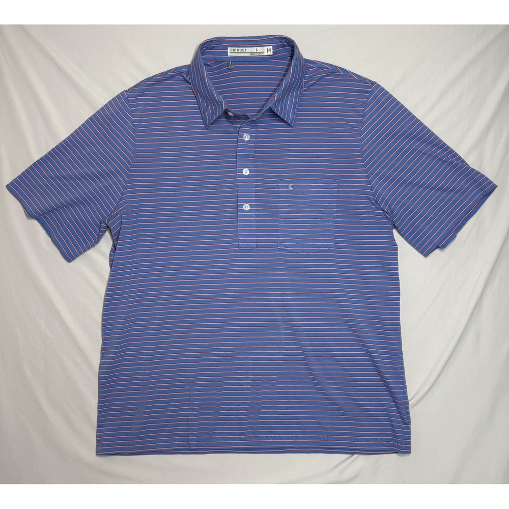 Criquet Mens Large Pima Cotton Striped Players Shirt Polo Blue Red White Golf